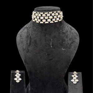 Designer Silver-Plated Diamond Look Choker Necklace with Long Drop Earrings